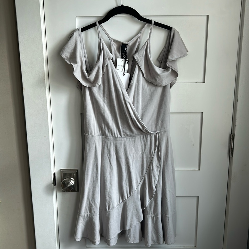 Bobi Gray Racerback Cold Shoulder Ruffled Faux Wrap Dress Size Large NEW